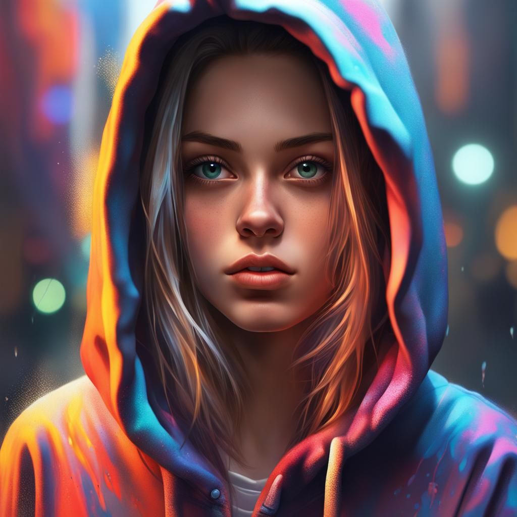 Realistic Pretty Girl in Hoodie: Hyperrealistic Splash Art