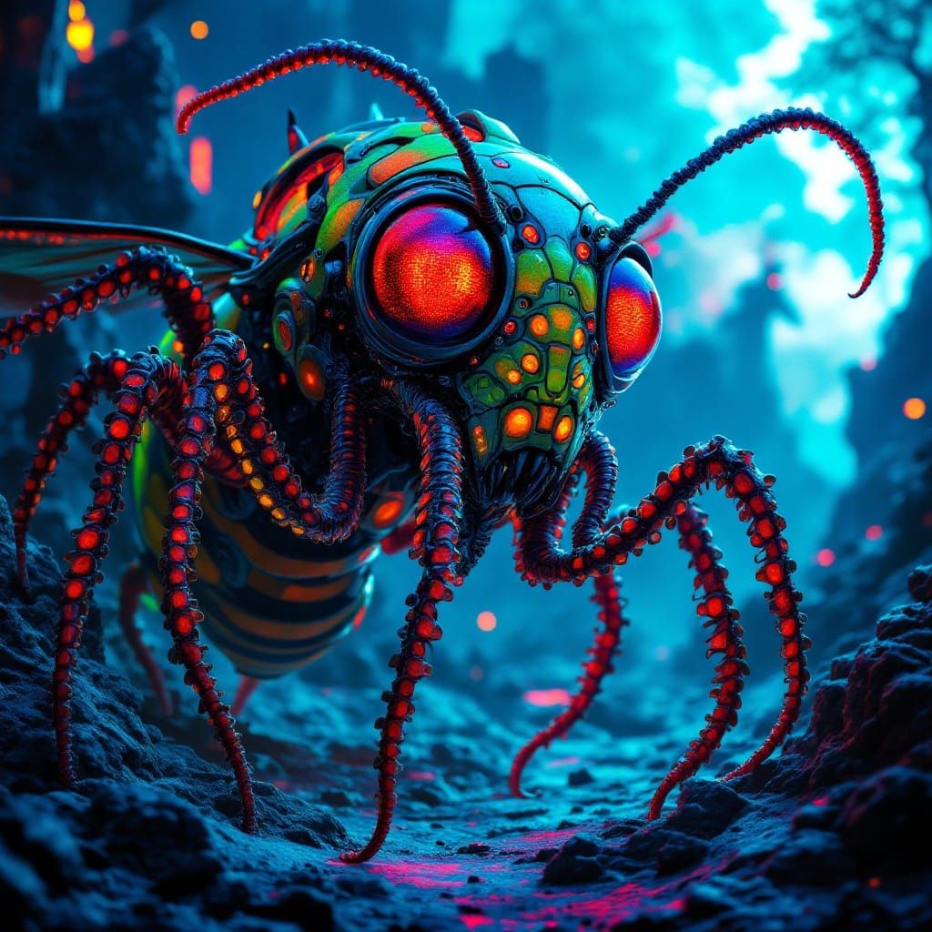 Cyberpunk Alien Warlord Wasp in Biomechanical Industrial Fut...