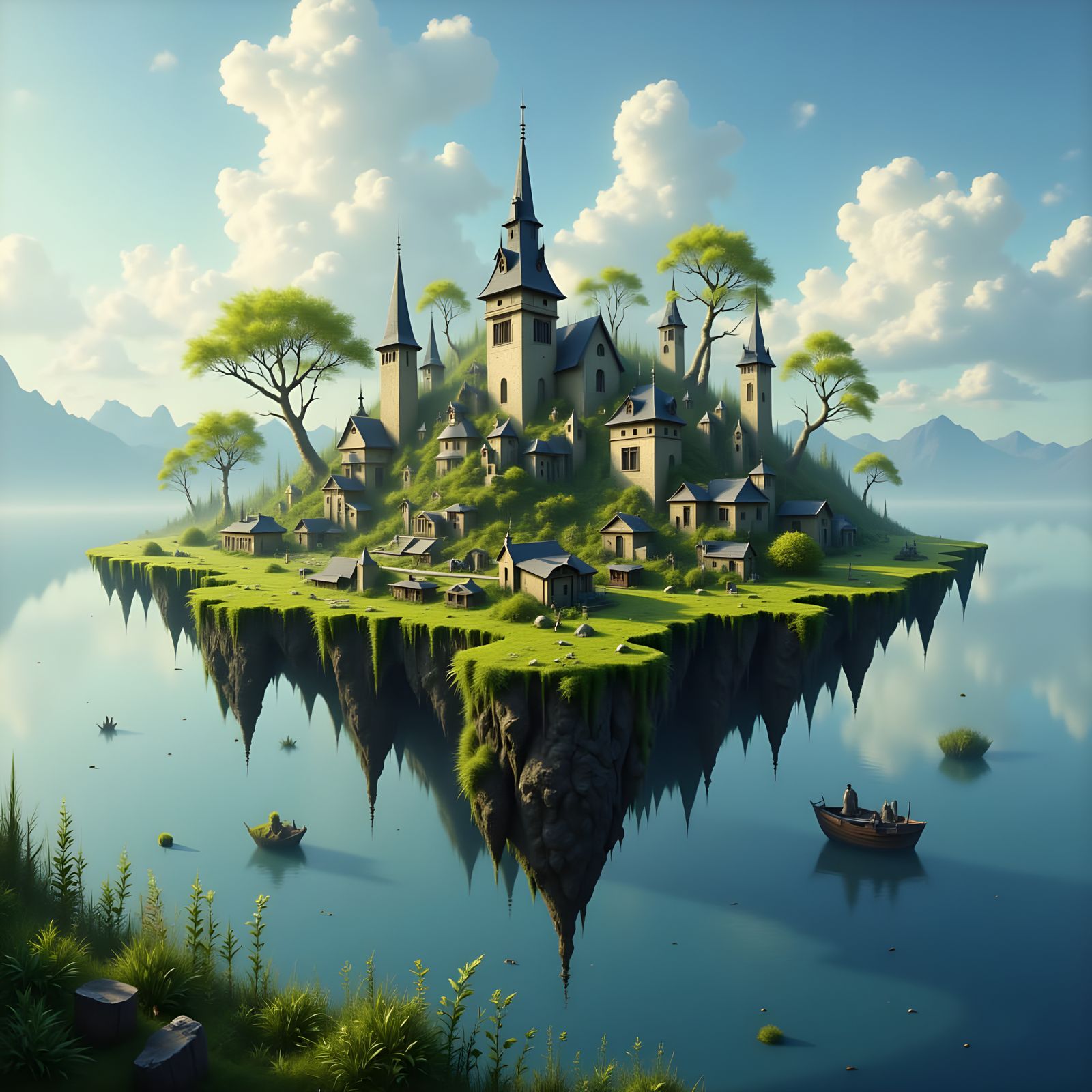 Floating Island Village in a Majestic Landscape