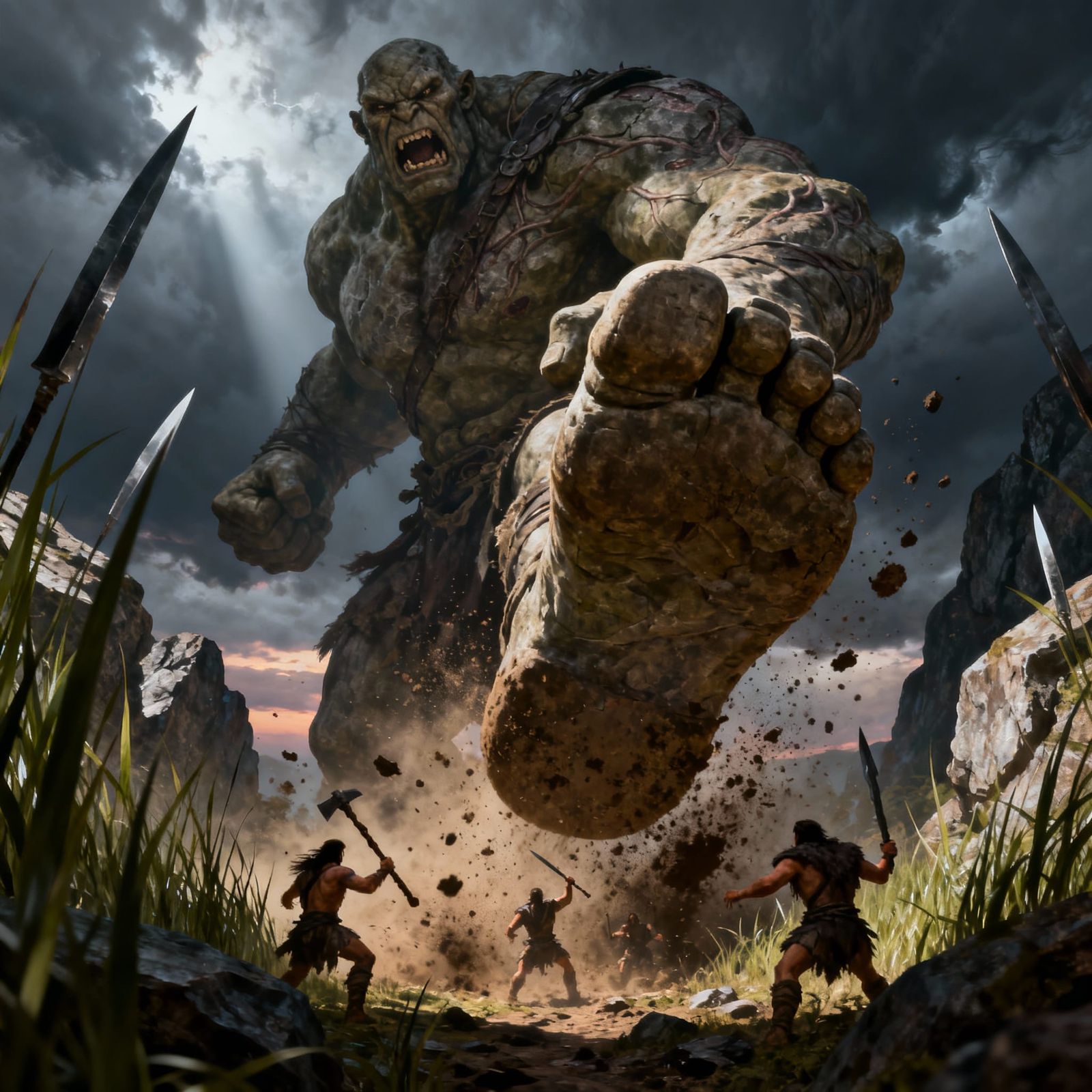 Giant's Foot Crushes Warriors in Dramatic Fantasy Painting