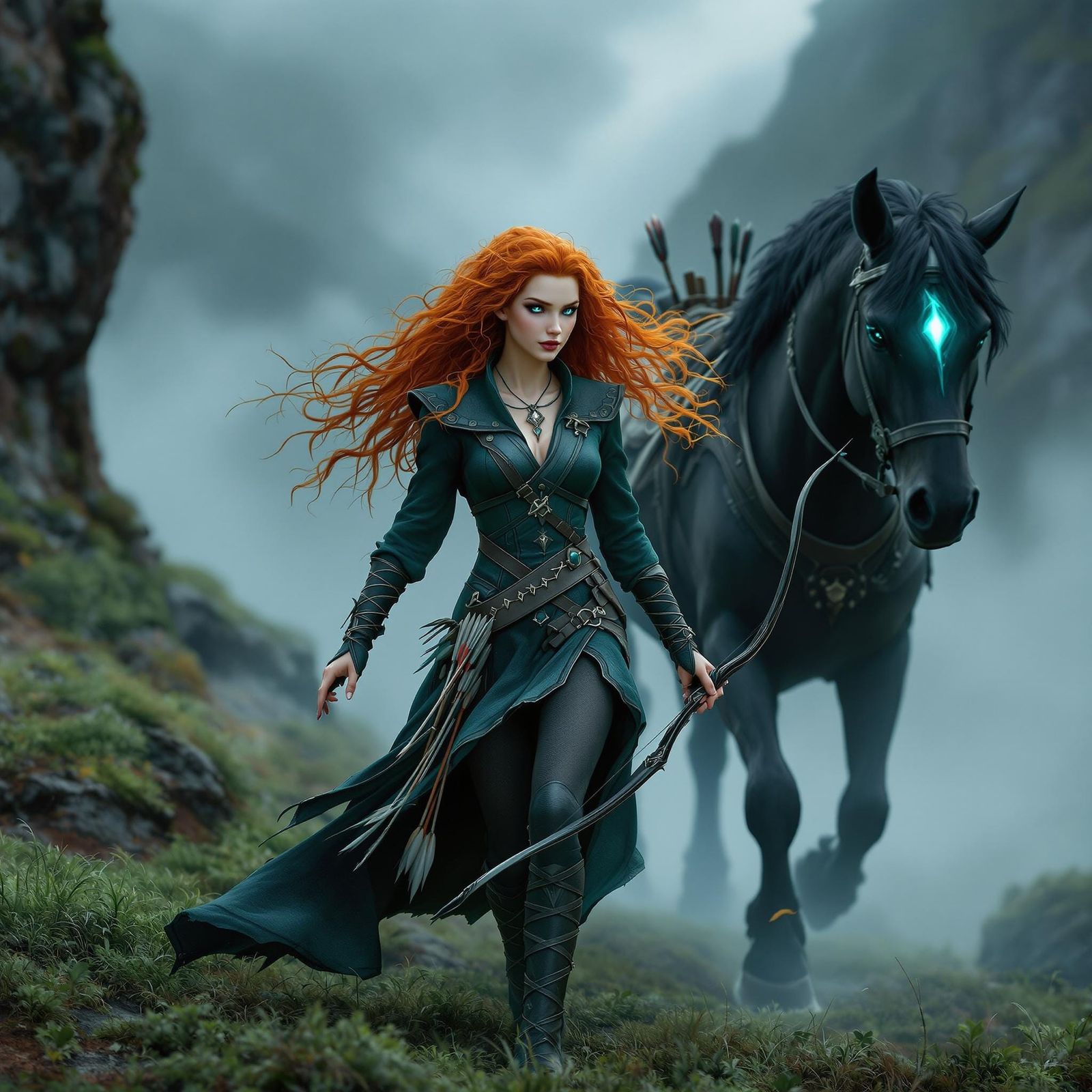 Surreal Highland Archer Maiden Rides into the Mist