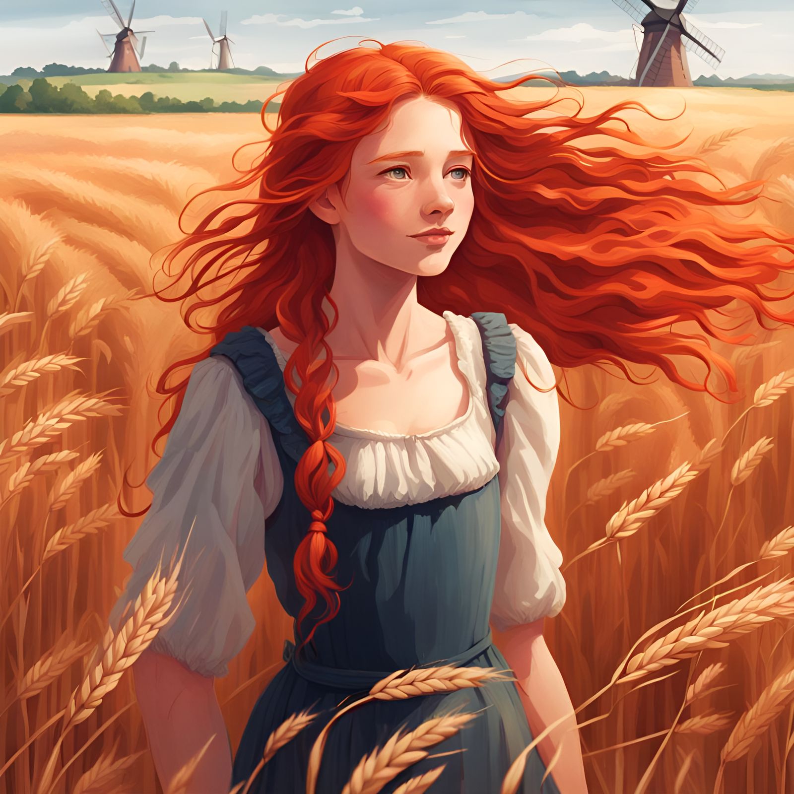 Girl in Wheat Field Under Northern Lights: Graffiti Art