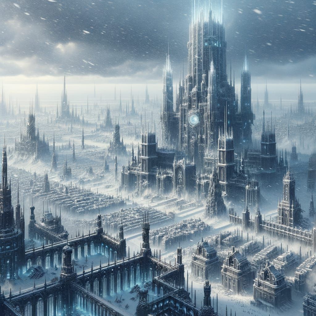 Gothic Metropolis Under Snowstorm: Sci-Fi Cityscape