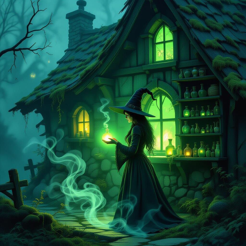 Witch in Mossy Cottage with Luminous Potions