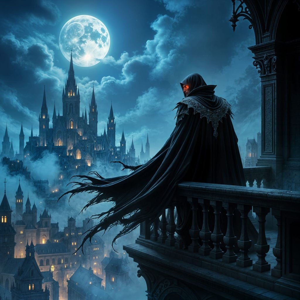 Vampire Lord on Gothic Balcony Overlooking Misty City