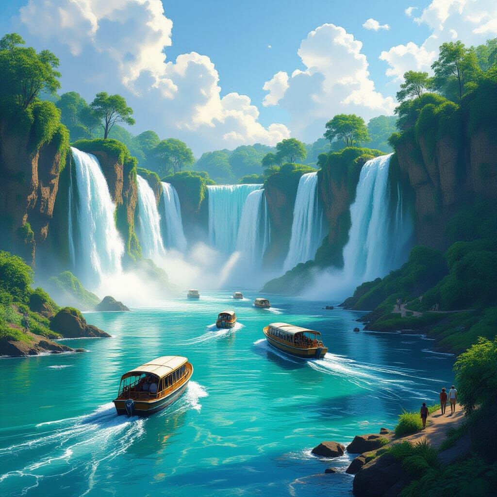 Majestic Waterfalls Flowing into Serene River