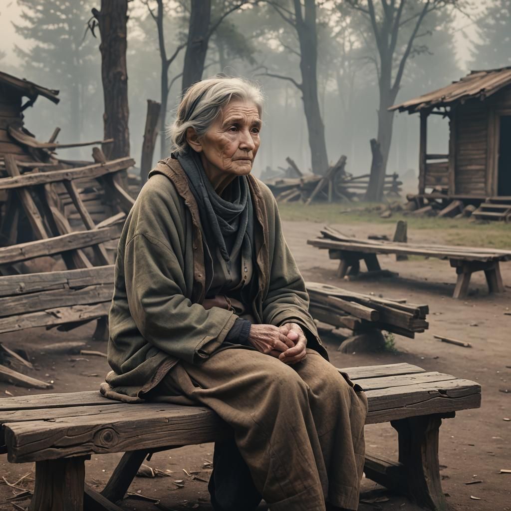 Desolate Camp: Old Woman in Matte Painting Style