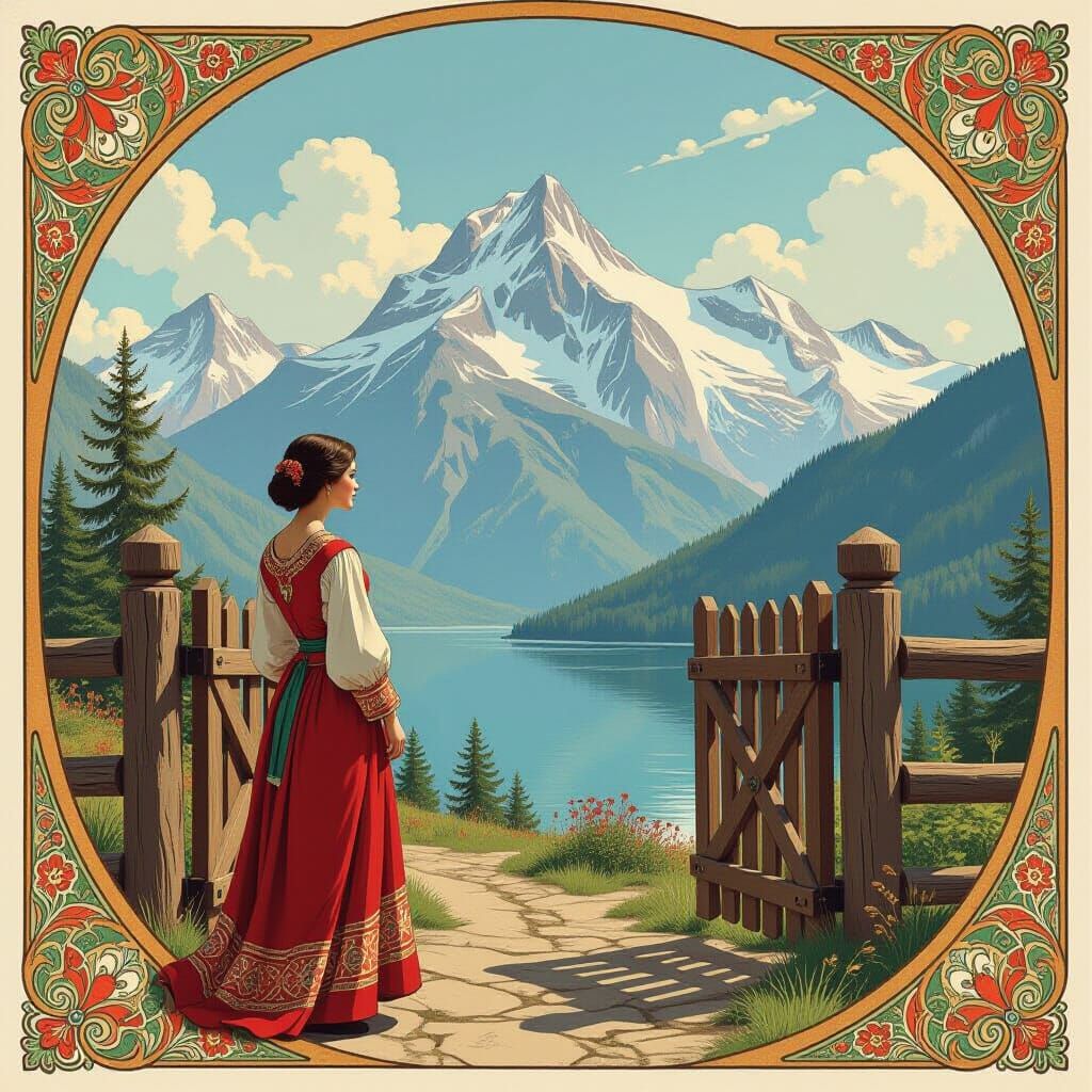 Woman at Mountain Gate in Art Nouveau Style