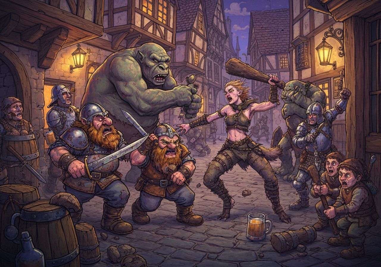 Medieval Fantasy Brawl: Dwarfs vs Trolls at Mended Drum