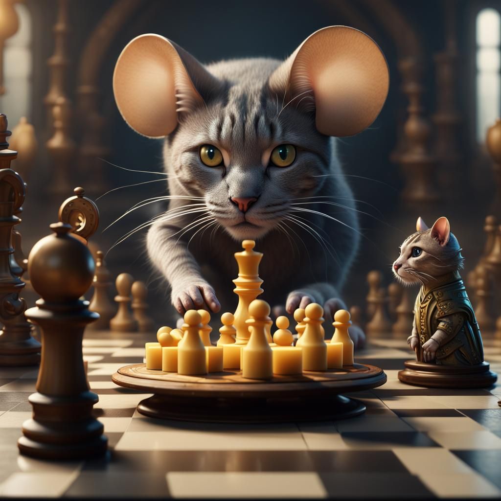 Mouse vs Cat Chess Match with Cheese Pieces