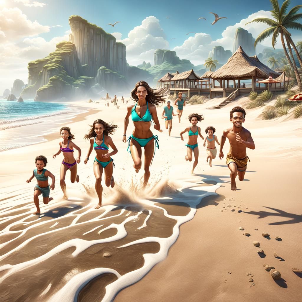 Beach Scene with Family, Detailed Matte Painting