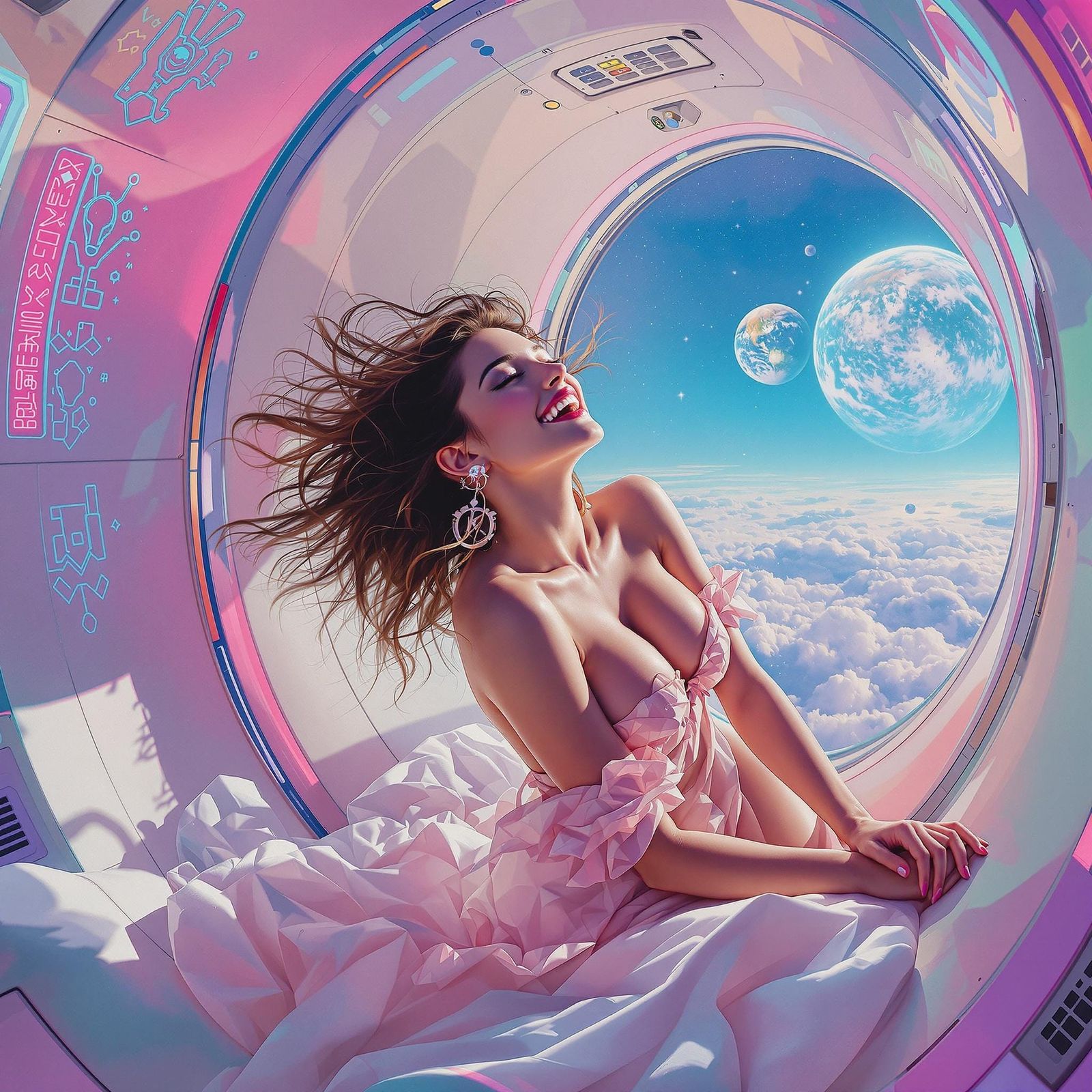 Woman in Rocket Gazing at Earth, Impressionistic Oil Paintin...