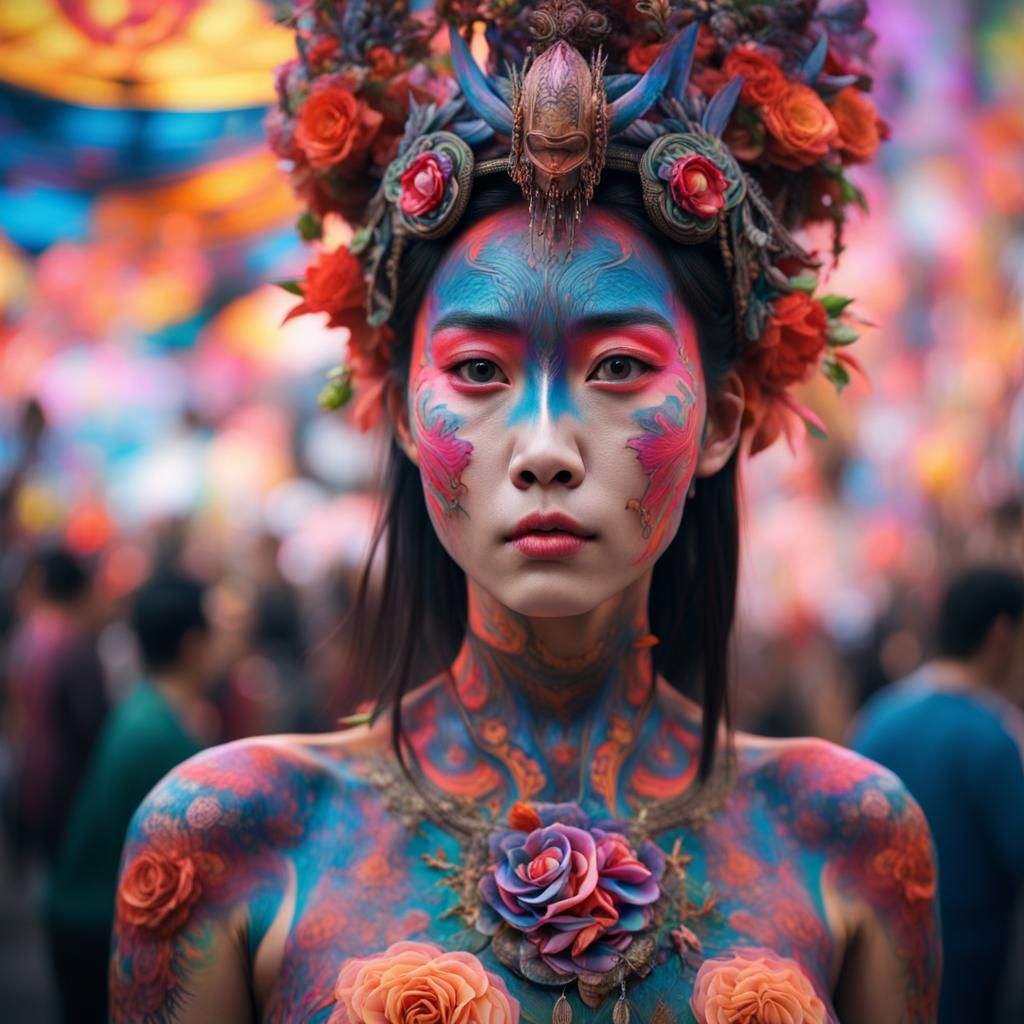 Bodypainted Woman at Festival: Digital Matte Painting