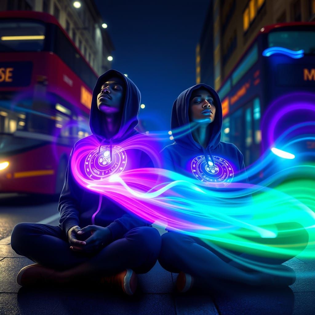 Serene Figures Amidst London's Chaos in Vibrant, Ethereal Hu...