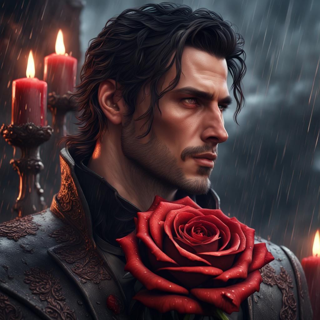 Gothic Man with Rose in Stormy Ruins