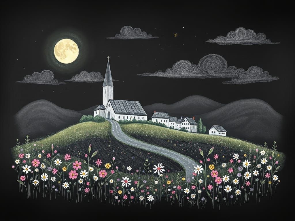 Chalk Drawing of Village with Church and Wildflowers