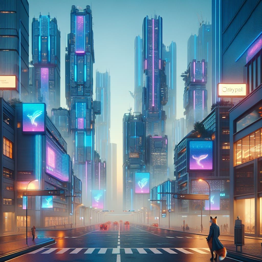 Anthropomorphic Fox in Futuristic Cyberpunk Cityscape