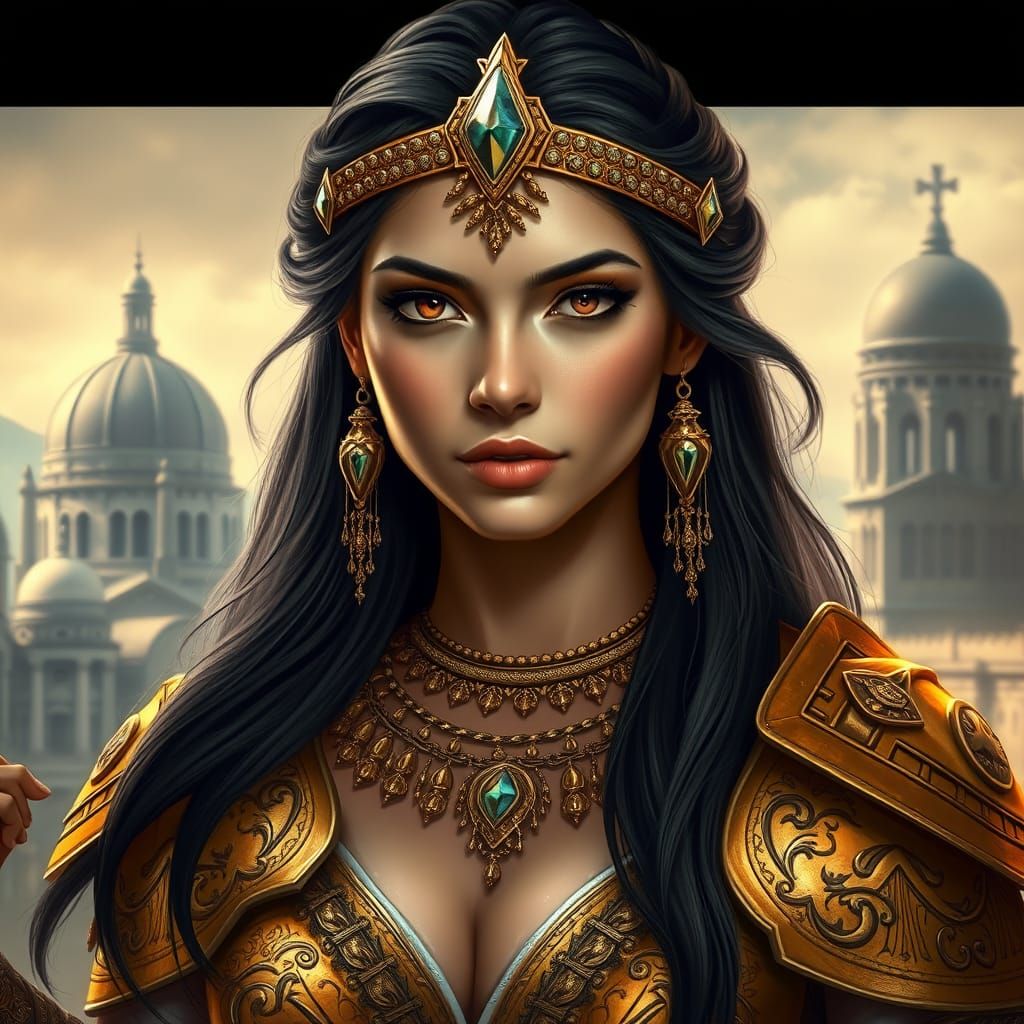 Ancient Futuristic Queen in Golden Armor