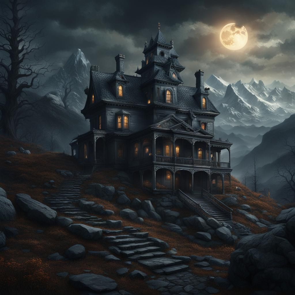 Creepy Haunted House on Mountain Guarded by Wolves