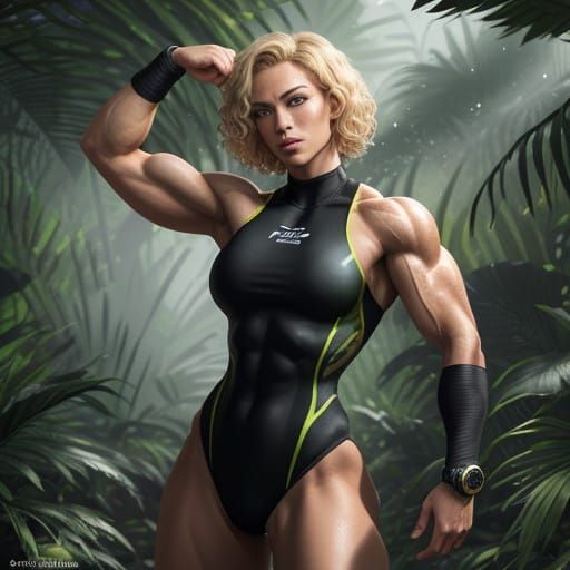 Powerful Female Bodybuilder in Jungle Camouflage