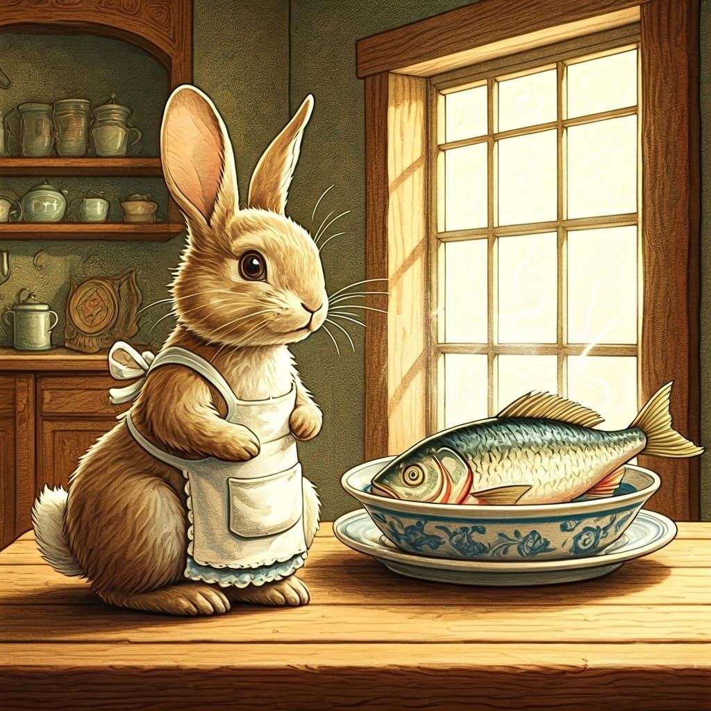 Whimsical Rabbit Chatting with Fish, Watercolor Style