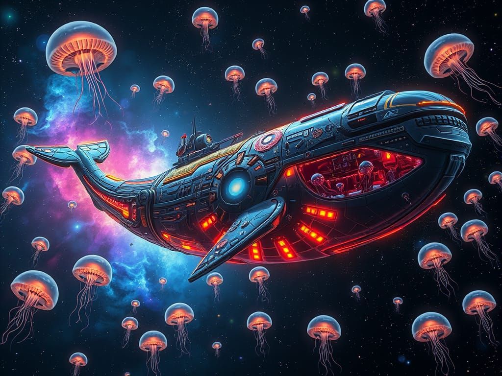Glowing Whale Spaceship Soars Through Deep Space in Steampun...