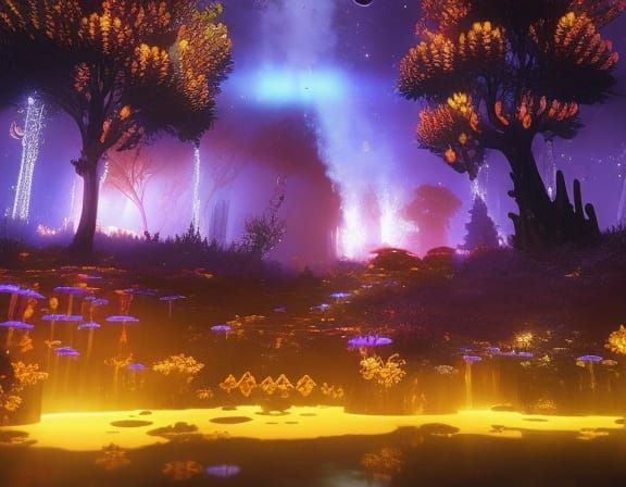 Glowing Honey River at Night: Fairycore Landscape