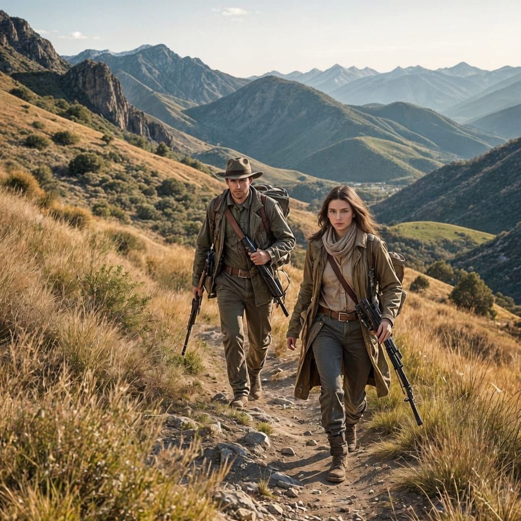 Man and Woman Hike Up Hill with Rifles