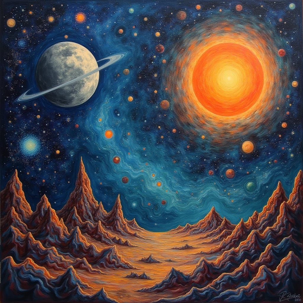 Surreal Cosmic Nebula with Planets and Constellations