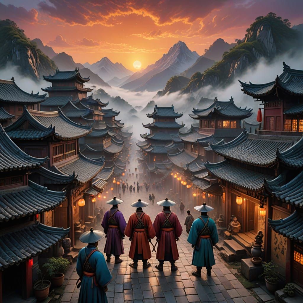 Elegant Warriors in Ancient Chinese Village