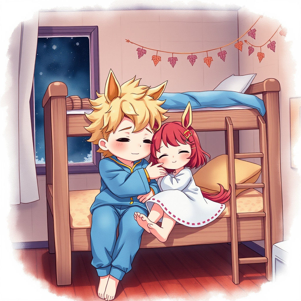 Cozy Anime Sibling Nap in Watercolor Style