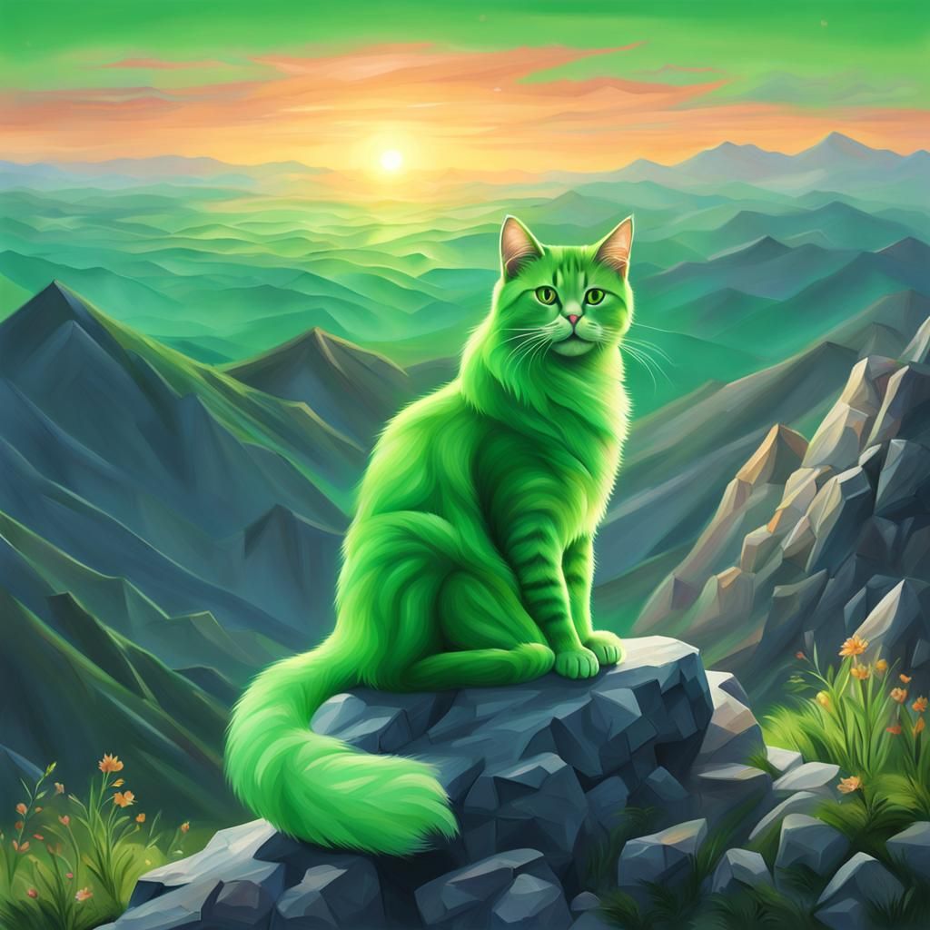 Crystal Green Cat on Mountain at Sunset