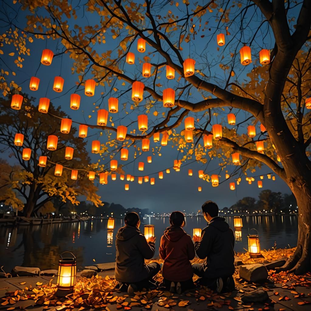 Romantic Lantern Festival at Night in Autumn