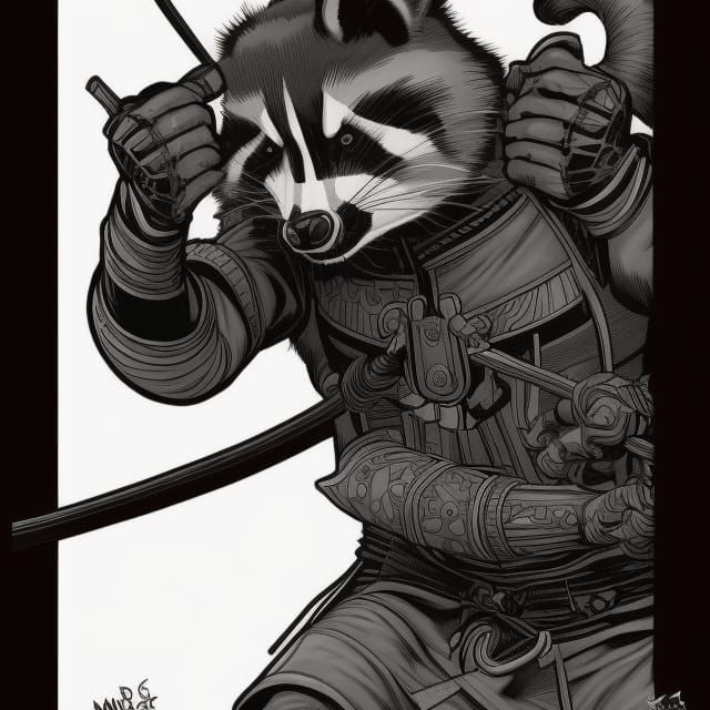 Raccoon Samurai in Comic Book Style