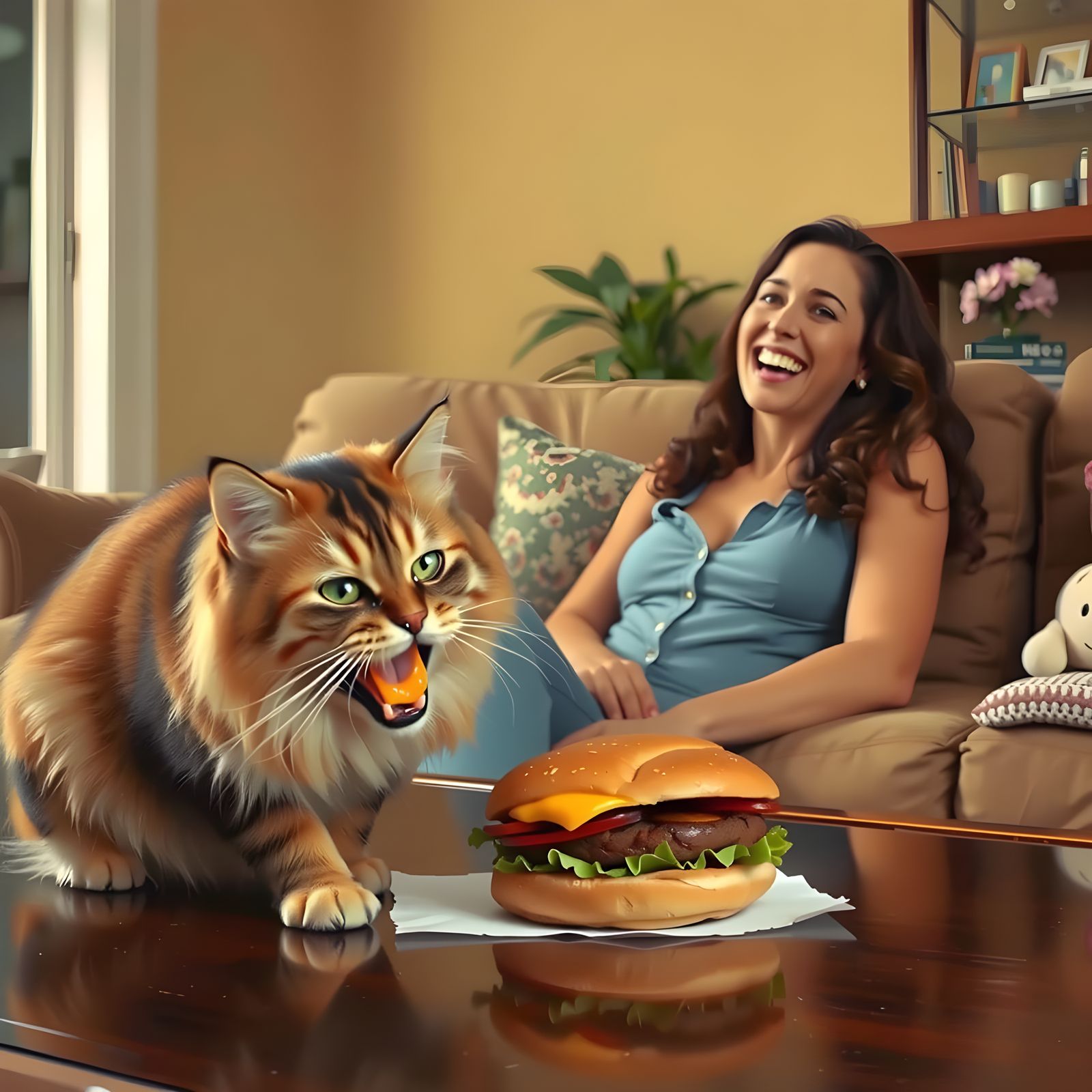 Playful Cat Steals Cheeseburger in Family Room