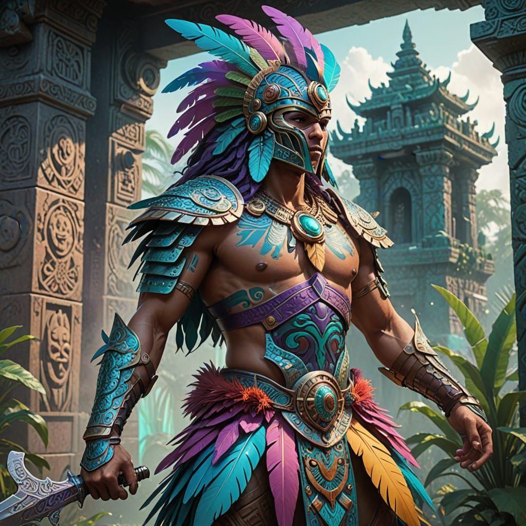 Surreal Aztec Warrior Emerges from Misty Temple Ruins
