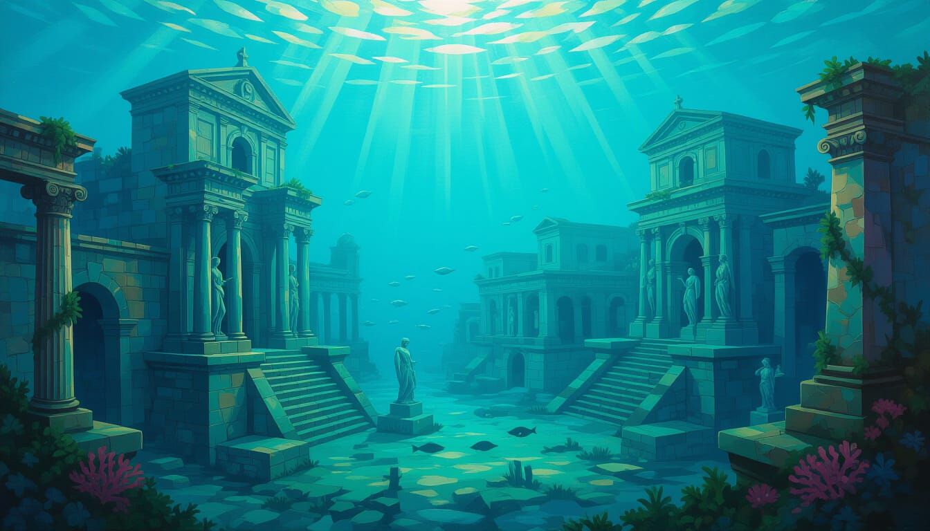 Submerged Ancient City in Turquoise Ocean Oil Painting
