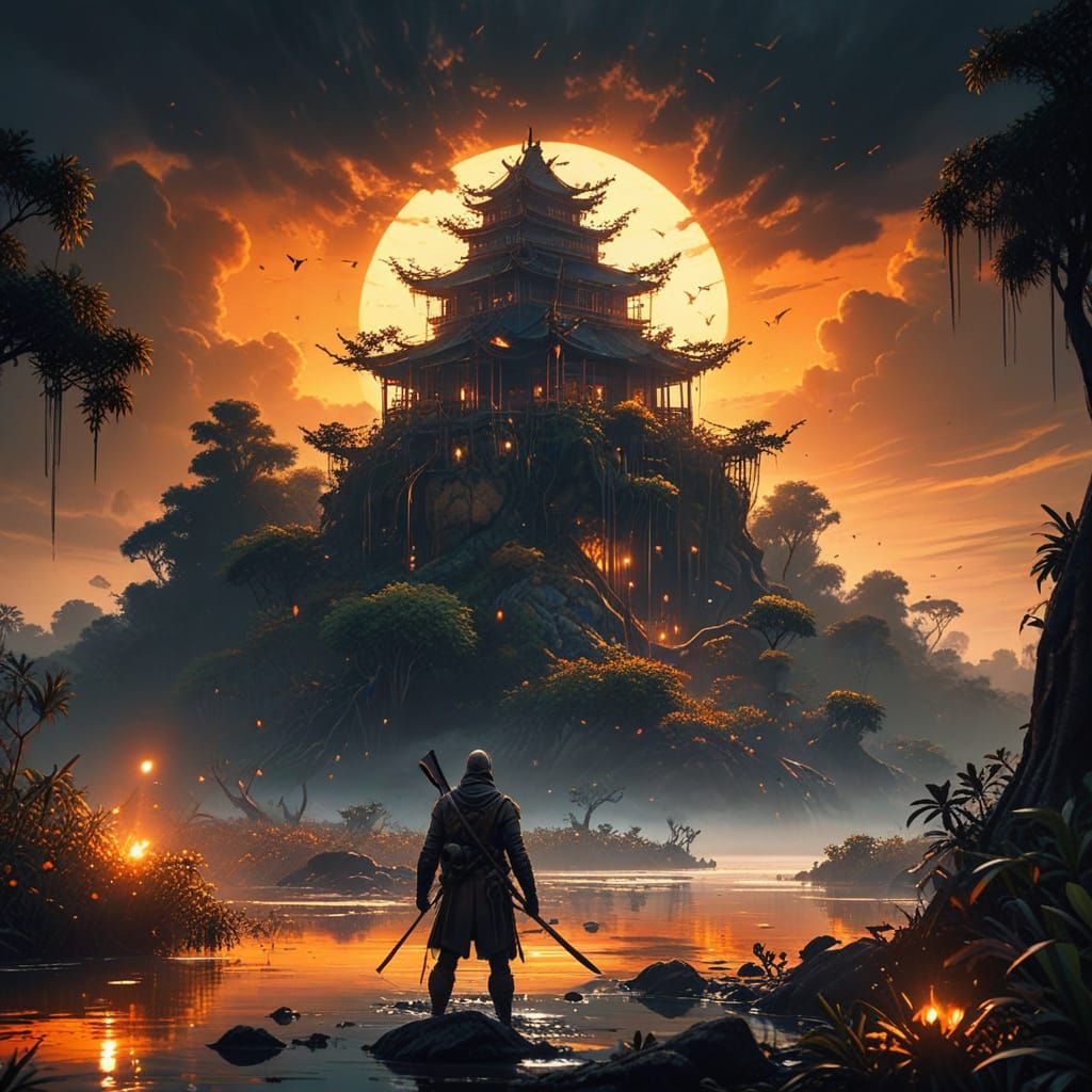 Sunset Mangrove Forest: Hyper-Realistic Digital Art