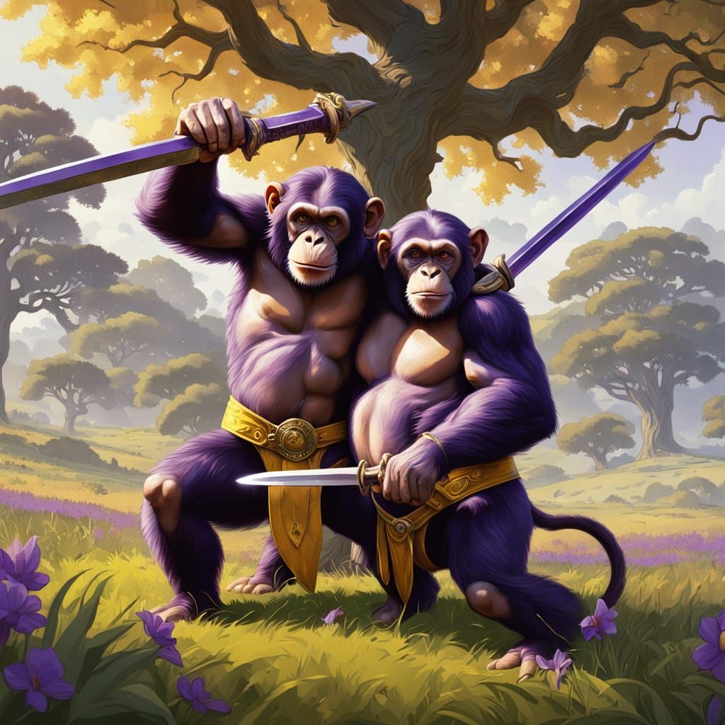 Chimps Duel with Rapiers in Meadow, Dark Fantasy Art
