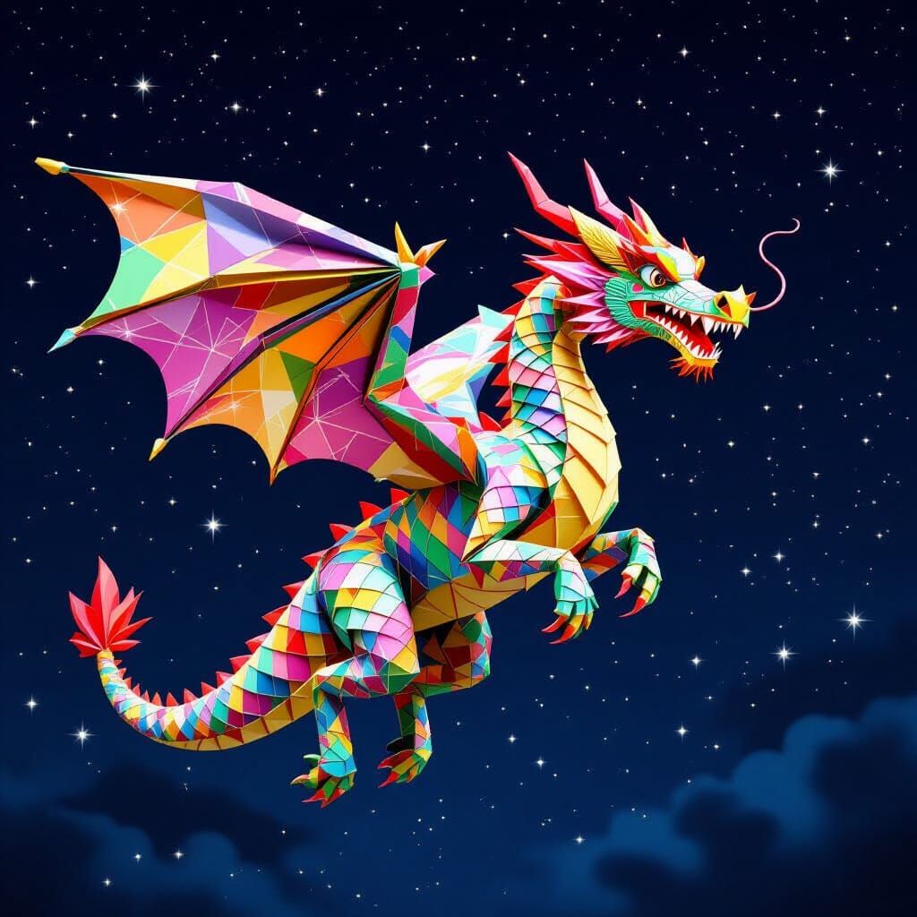 Colorful Origami Dragon Flying in Starry Sky