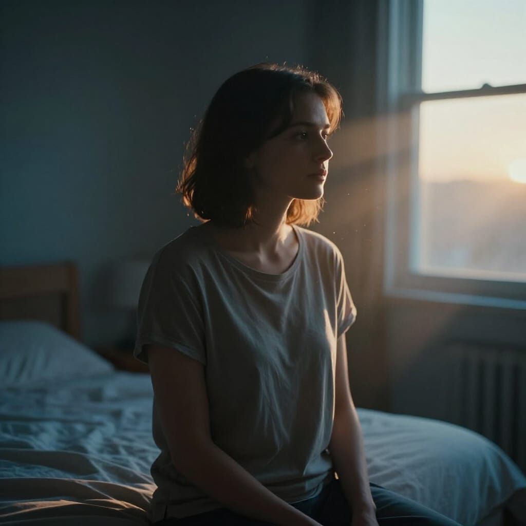 Woman in Bedroom at Sunrise, Cinematic Photography