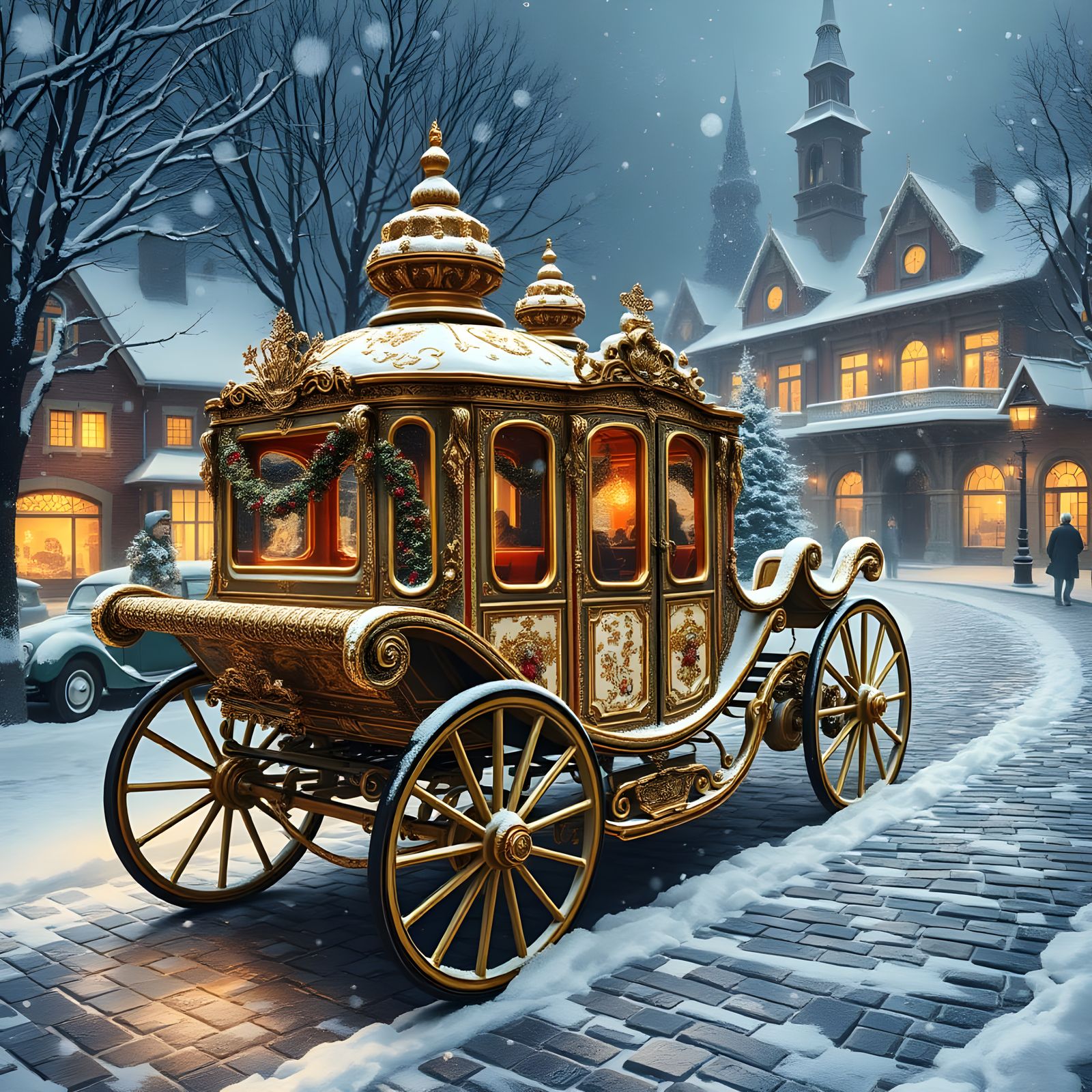 Whimsical Christmas Carriage in Gouache Style
