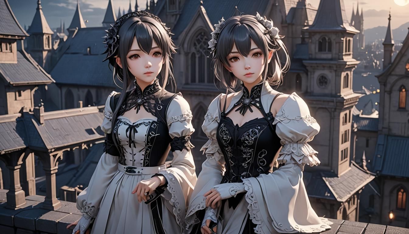 Anime Girl on Gothic Rooftop in WLOP Style