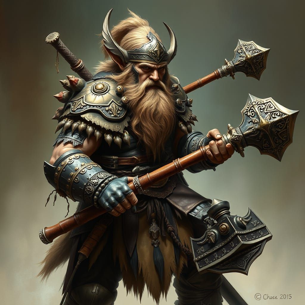 Dwarf Warrior with Hammer in Dark Fantasy Style