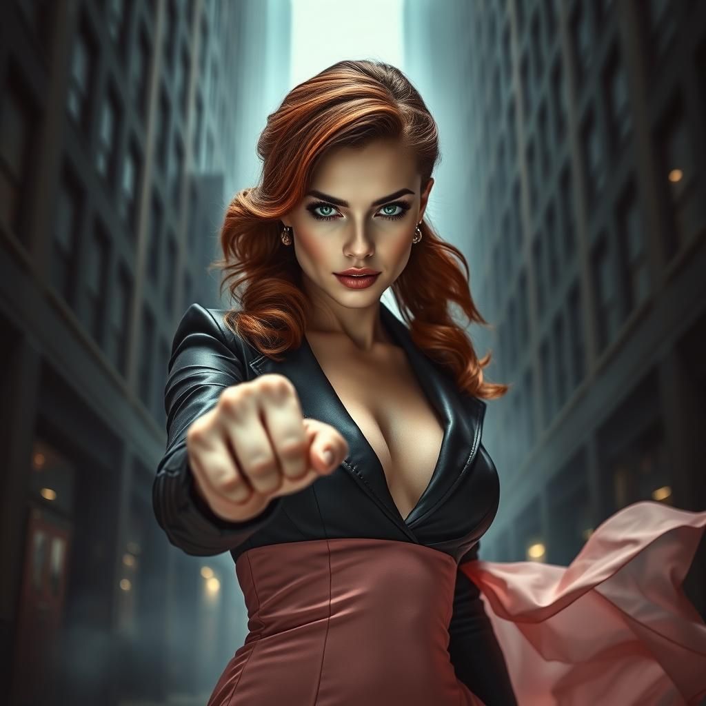 Defiant Woman in Alleyway: Photorealistic Haute Couture