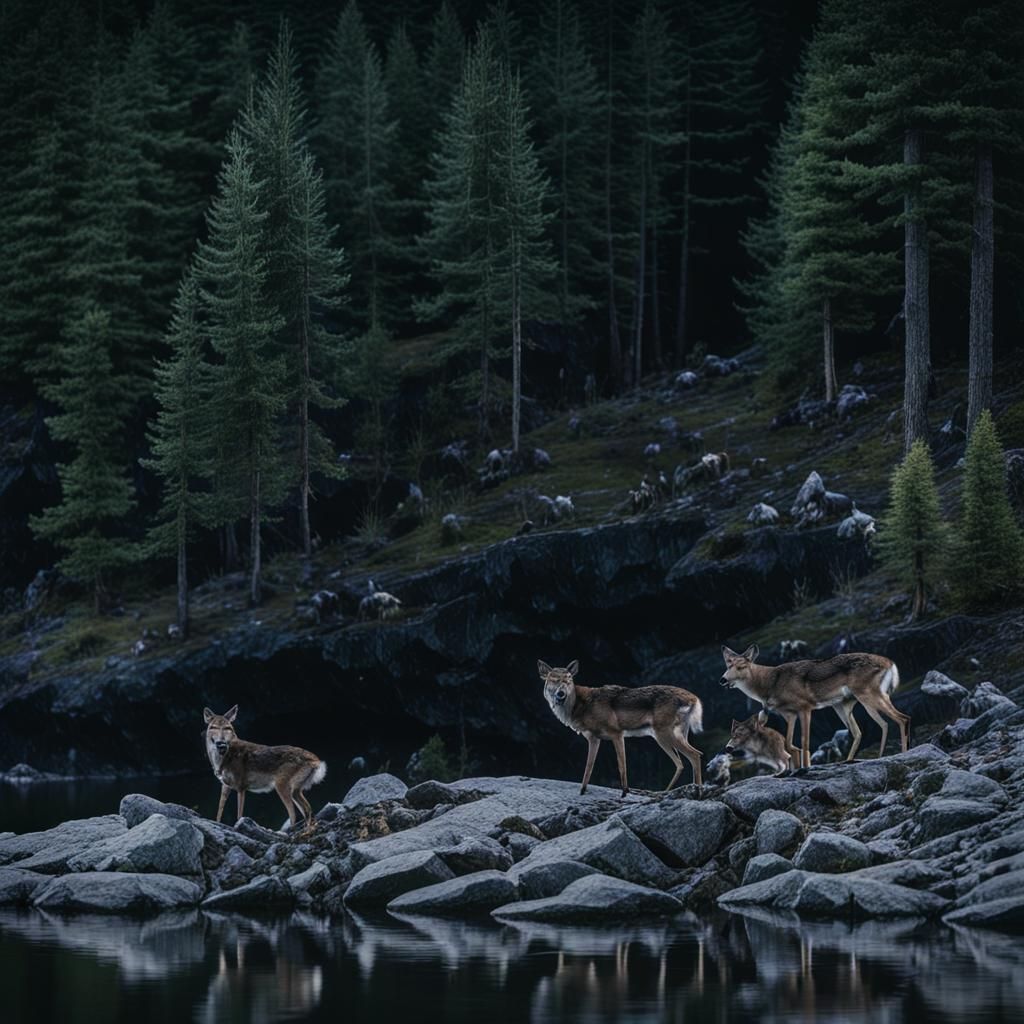 Wolves Mourning Loss by Lake: Cosmic Illustration