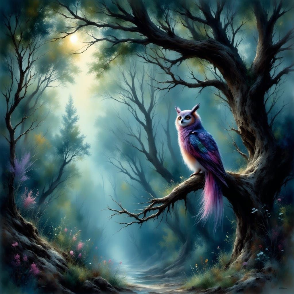 Mystical Owl with Bioluminescent Feathers in Ethereal Forest