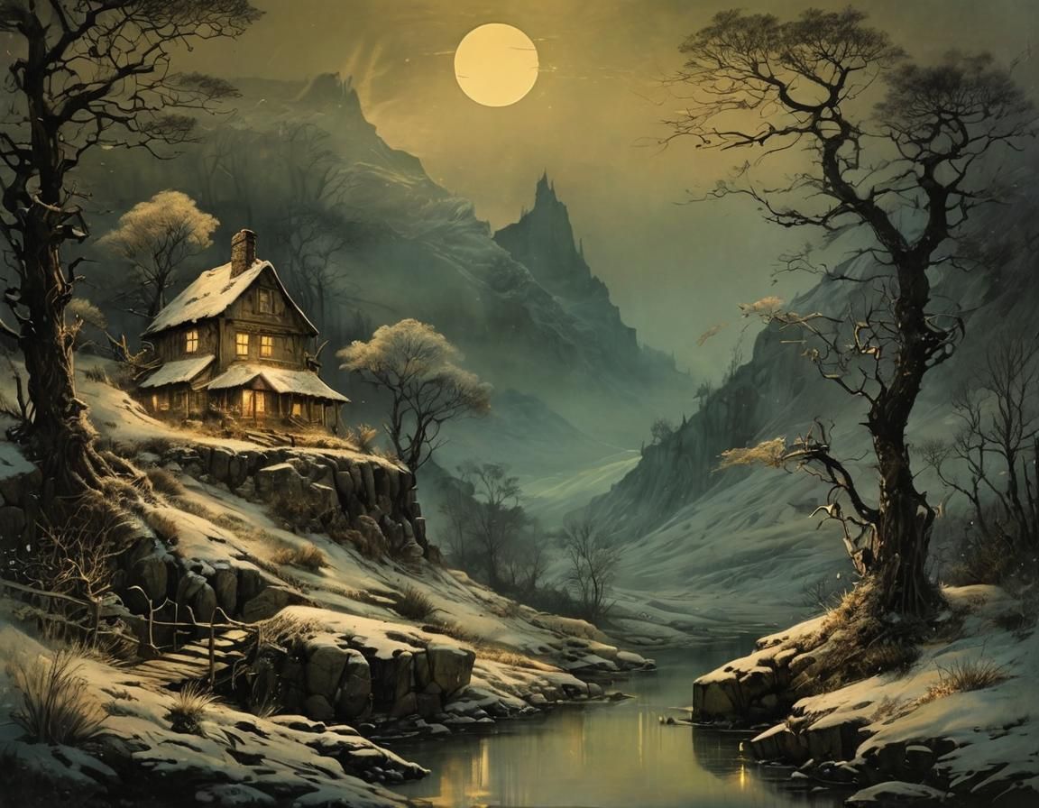 Cozy House in Snowstorm: Rackham and Friedrich Style