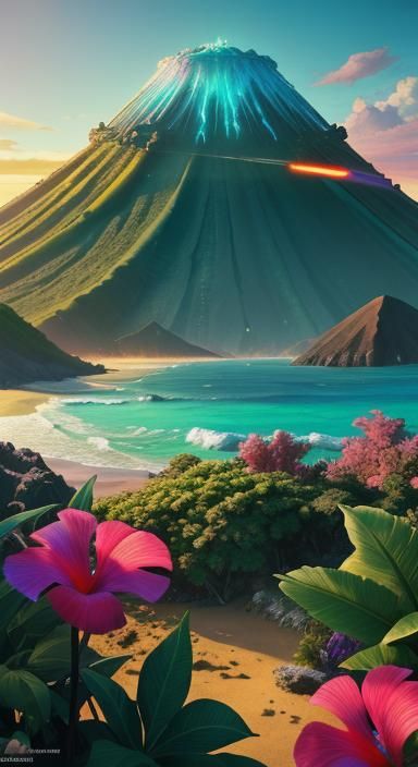 Tropical Cyberpunk Fortress on Volcanic Island