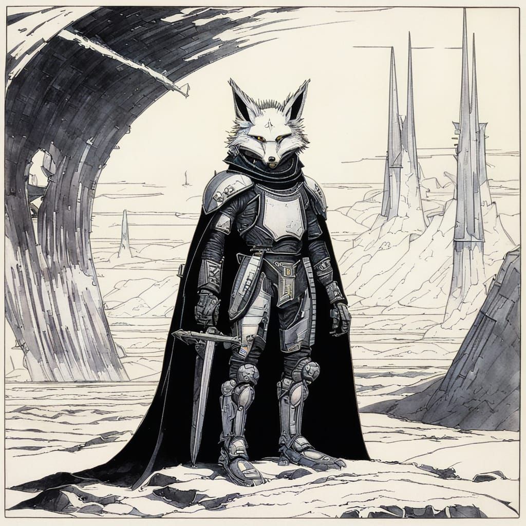 A Gothic fox knight with sci-fi armor on an alien world. Chris Foss, James Gurney. gothicpunk